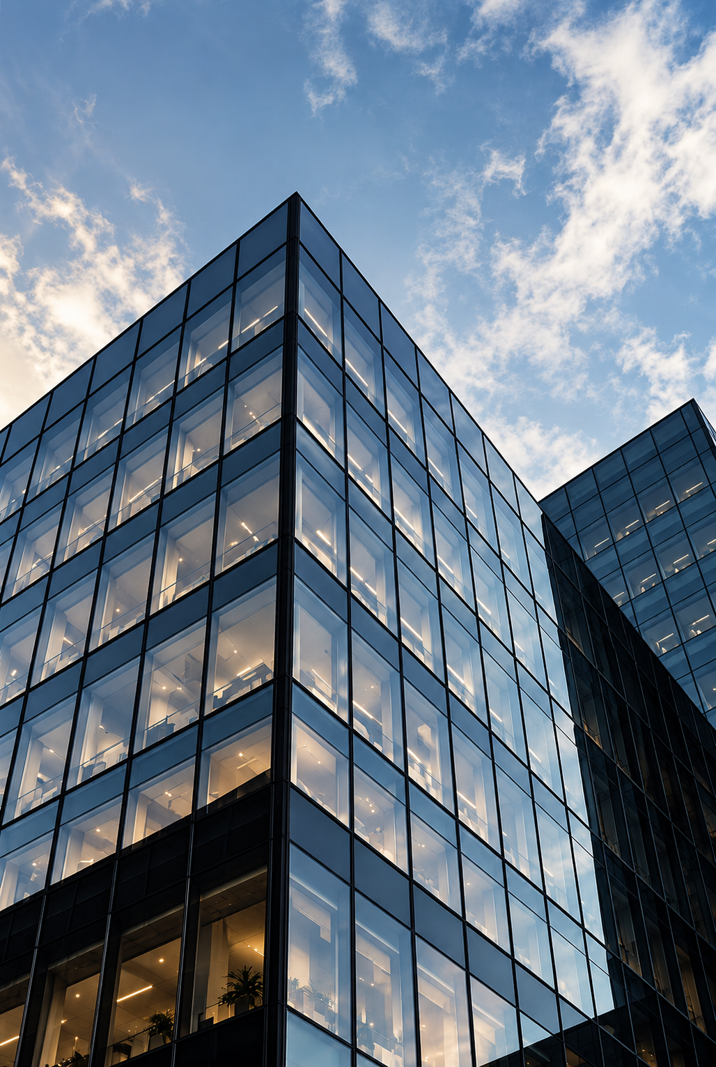 Glass office building seen from below
