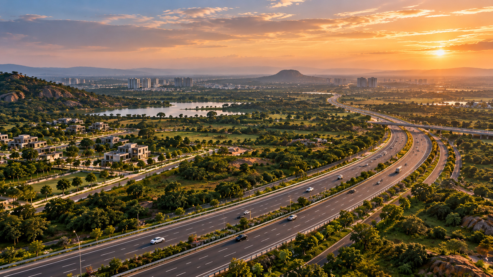 Emerging corridor with highway, residences and green landscape at sunset